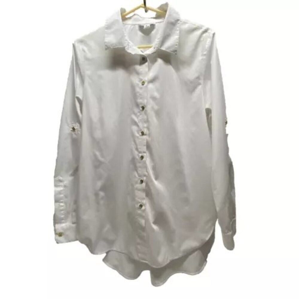 Calvin Klein Blouse Women's Medium White Button Up Drop Tail Hem Roll Tab Sleeve